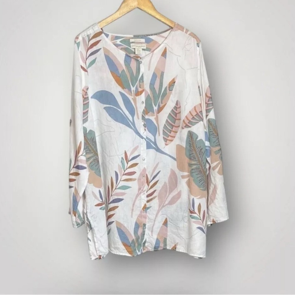 Cynthia Rowley Linen Floral Top Size 2X Roll Tab Sleeve Tunic Shell Buttons - Picture 2 of 7